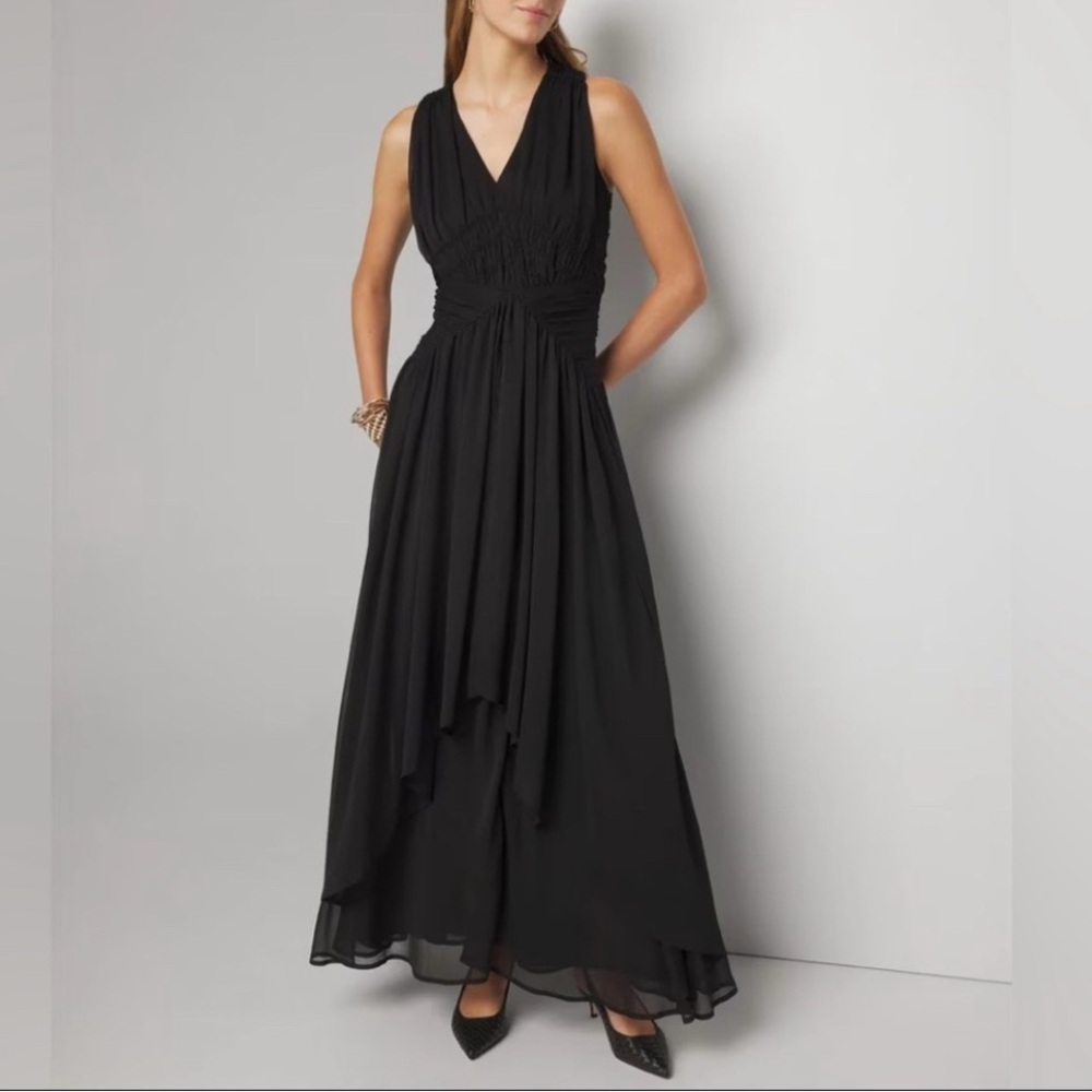 WHBM NWT Black SL Pleated Chiffon Crossback Cutout Ruffle Maxi Dress 6